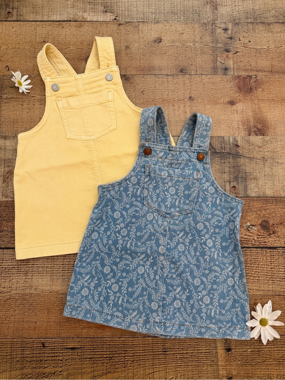 DRESSES (2) Soft Overall Adjustable Denim DRESSES by Old Navy - BLUE + YELLOW - Picture 1 of 15